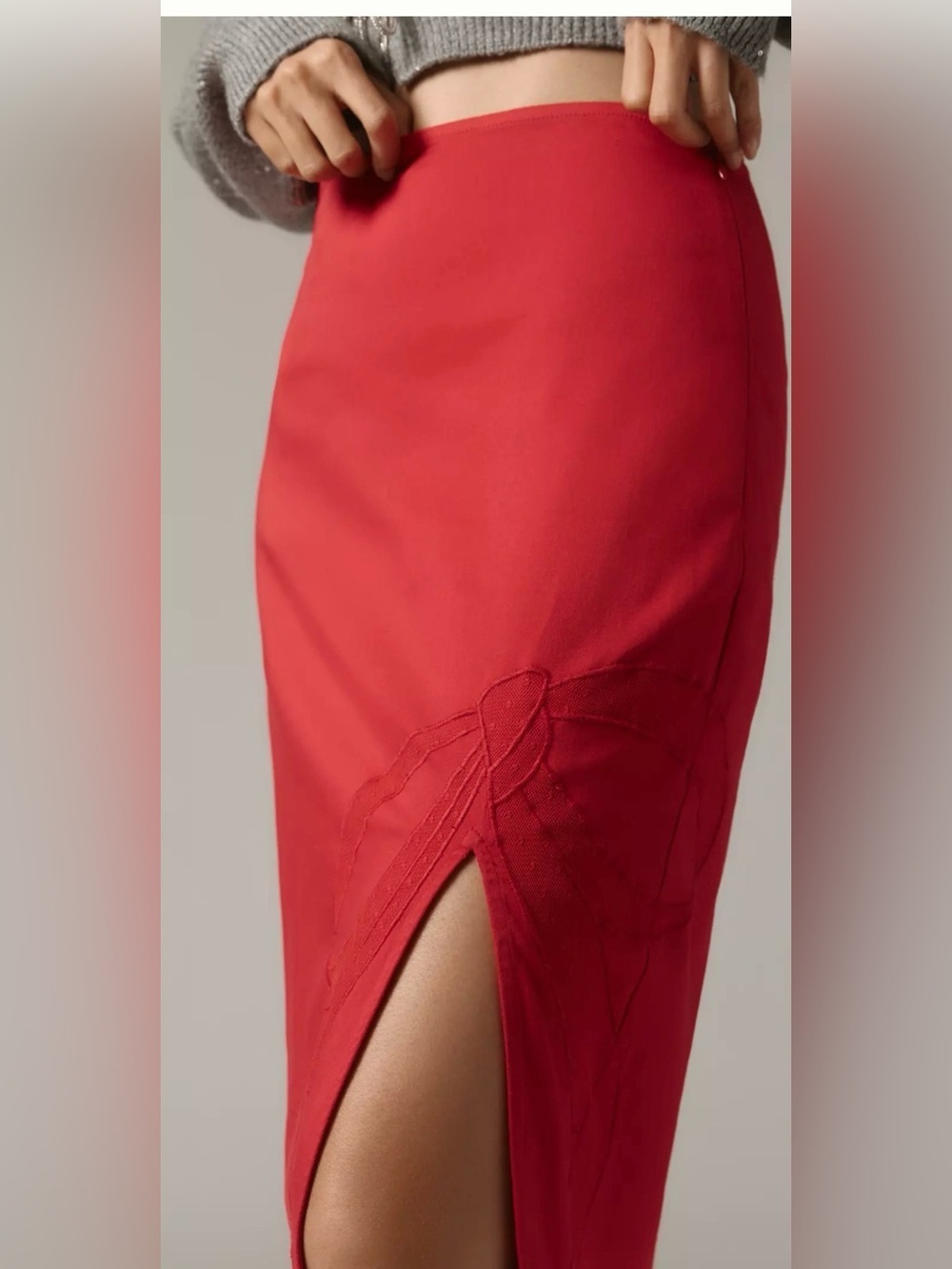 Anthropologie Maeve Red Bow Midi Pencil Skirt Embroidered Side Slit Size XS - Picture 8 of 16